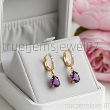 Purple Amethyst 8x6mm Pear Earrings Gold Plated 925 Silver Teardrop Dangle Hoops