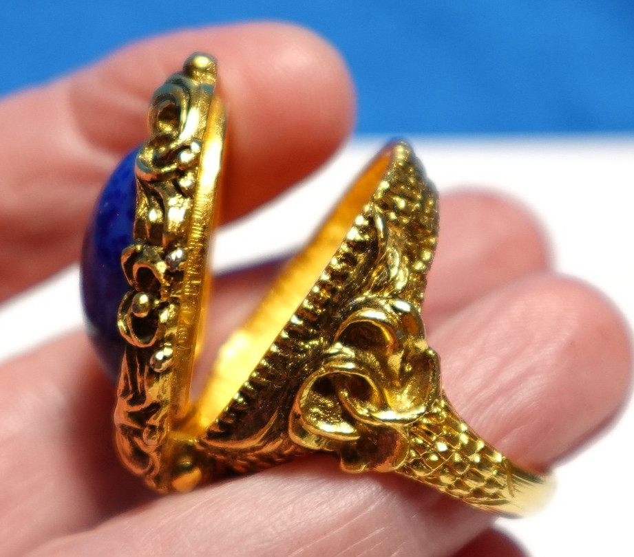 GOLD COBALT GLASS STATEMENT RING SOLID PERFUME RI… - image 2