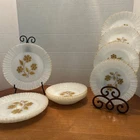 12 Vintage Termocrisa Milk Glass Plates Flowers Gold Trim Ruffle