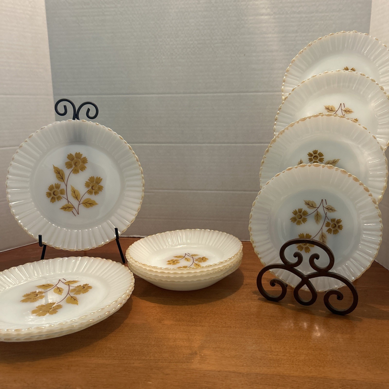 Vintage Termocrisa Milk Glass Plates with Floral Gold Trim Ruffled Edge Set of 12