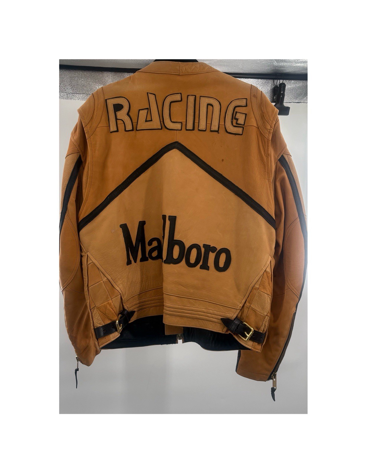 Vintage Marlboro Racing Leather Jacket Men’s 2XL Tan Moto Biker Genuine Leather image 3
