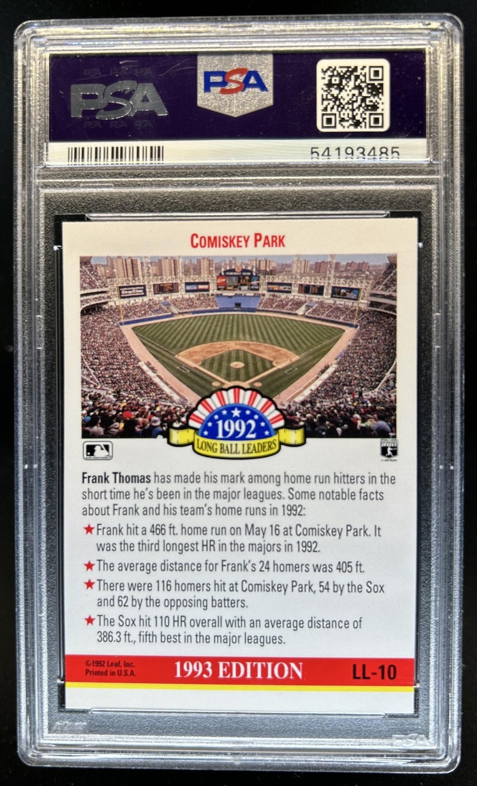 1993 Donruss Frank Thomas Long Ball Leaders #LL-10 White Sox PSA 10 GEM MINT view 2