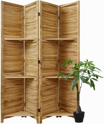 Room Divider with Shelves, 5.6 Ft Tall Folding Wood Screen with Double Hinges