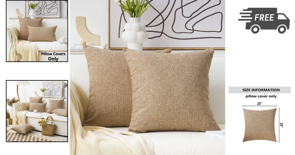 Burlap Linen Pillowcases Set 24x24 Inches Cushion Covers for Sofa Bed Home - Image 2 of 4