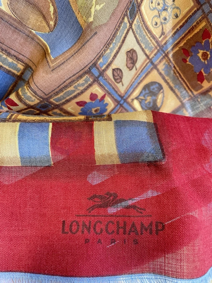 Y8# Longchamp Paris Wool Silk Scarf Square Italy Floral Fruit Tile Print Vintage - Image 2 of 4
