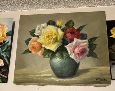 Original Antique Oil Painting Roses By T. Saito