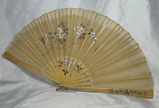 1890's Gold Silk Gauze Fan Wood Sticks Hand Painted Flower Branch Made in China
