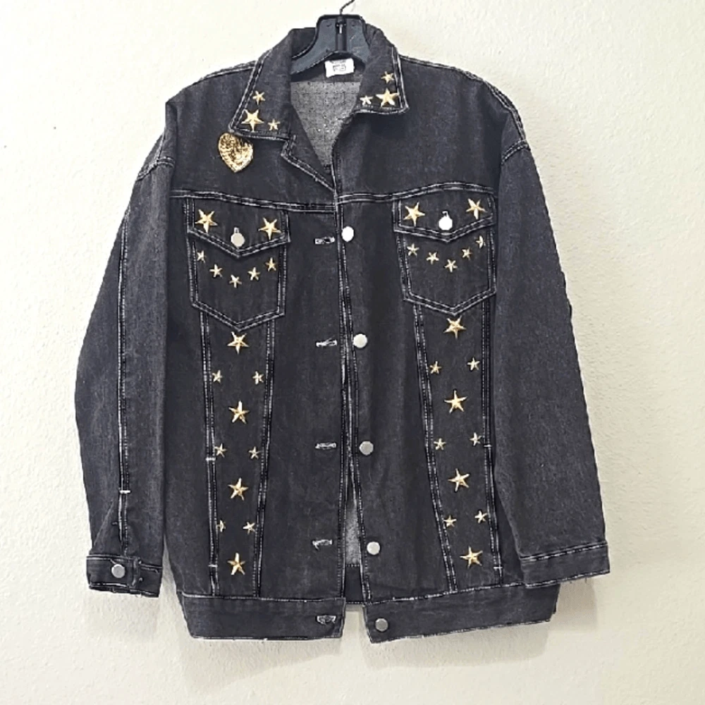 Sears Black and Gray Custom Decorated Denim Jacket S