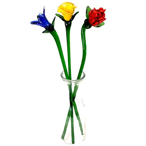 Lot Of 3 VTG Murano Style Glass Flowers 19" Long Stem 2.5" - 4" Wide
