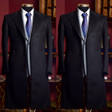 Formal Business Men's Long Overcoats Black Wool Peak Lapel Outdoor Coats