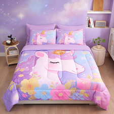 Purple Unicorn Bedding Twin 5-Piece Comforter Set for Girls, Super Soft Microfib