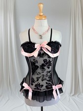 Black Pink Flower Mesh Bustier Top Sheer Coquette Fairy Dreamy Bows Ruffles S