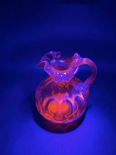 FENTON Ruby Red Coin Dot Optic Ruffle Pitcher Handle 7" Vase Double Marked GLOWS