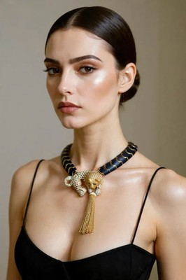 CINER OOAK 18K Gold Plated Enamel Lion Necklace Pavé Crystals