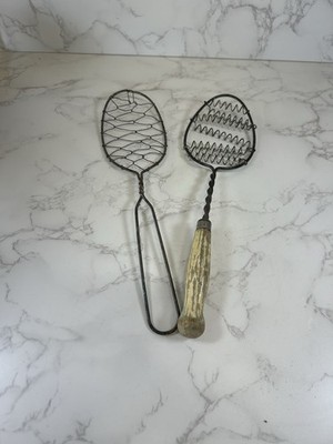 Vintage Primitive 2  Twisted Metal Wire Egg Spoon Whisk Beater Wooden Handle