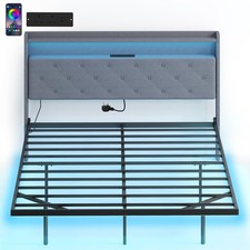 HOMCOM Floating Bed Frame with RGB Lights, Upholstered King Size Bed, Grey