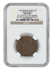 1787 Connct NGC AU53 (Draped Bust Left, M 33.32-Z. 13) ex: Hanson/Partrick