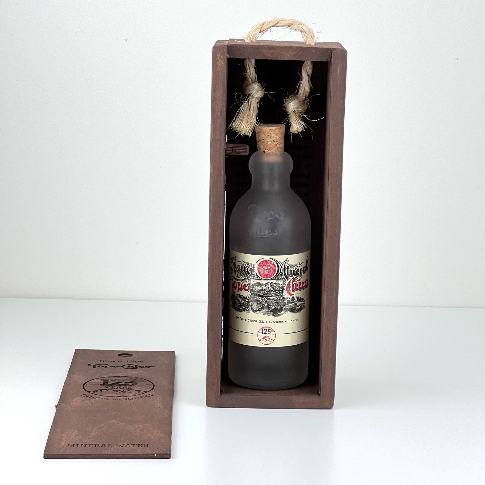 Collectible Topo Chico 125th Anniversary Glass Bottle Engraved Wood Box