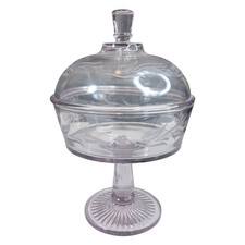 VTG Etched Fern Floral Glass Pedestal Candy Dish w Dome Lid Compote Clear Pink