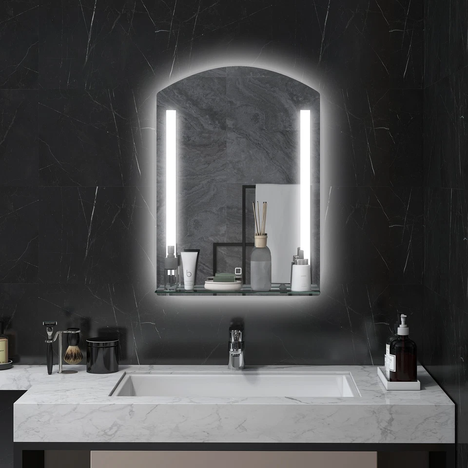 kleankin Specchio per Bagno con Luce LED e Mensola in Vetro 50x12x70cm Argento - Immagine 2 di 4