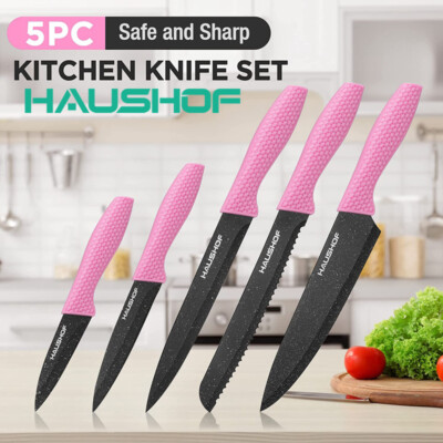 HAUSHOF 5PIECES Kitchen Knife Set Knife Sets Block Premium Steel Knives Set Pink