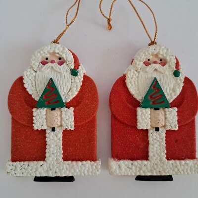 Vtg American Greetings Yuletide Santa Set Of 2 Flocked Christmas Ornaments 1996
