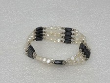 Magnetic Hematite White Pearls  Silver Tone Beads Wrap Bracelet