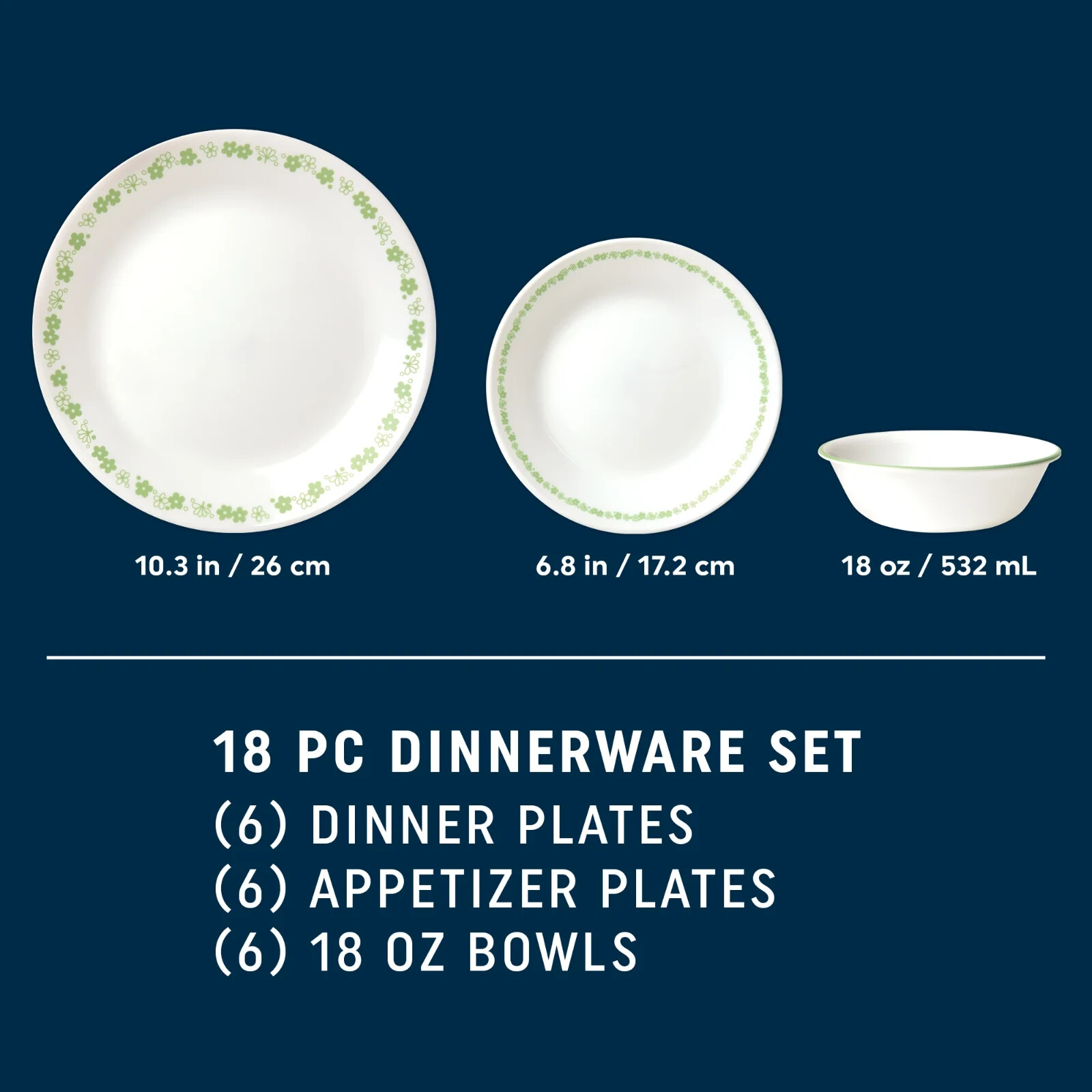 Corelle 18 piece Green Blossoms Vitrelle Glass Dinnerware Set Service for 6