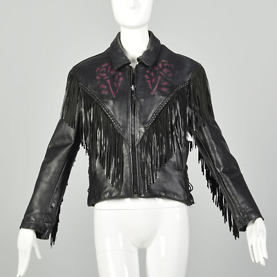 Small 1980s Biker Jacket Black Leather Fringe Purple Rose Small 1980s Biker Jacket Black Leather Fringe Purple Rose