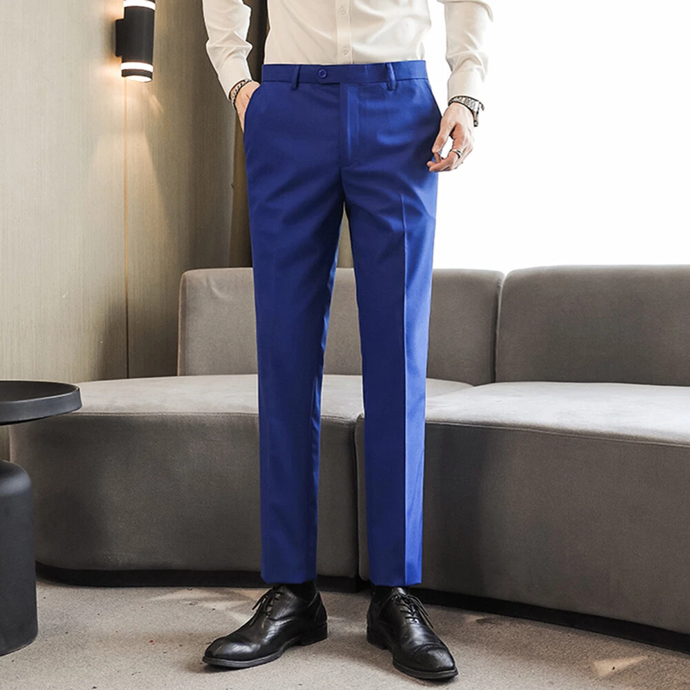 Men Straight Leg Suit Pants Wedding Tailored Fit Long Trousers Casual  Formal New