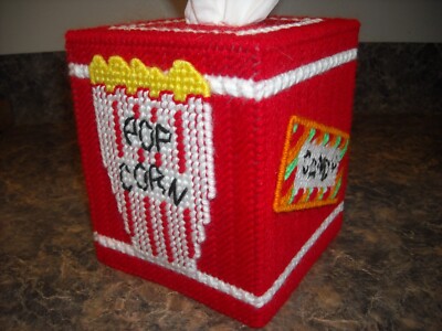TISSUE BOX COVER - MOVIE TIME TREATS (Pop Corn/Candy/Soda - Plastic Canvas