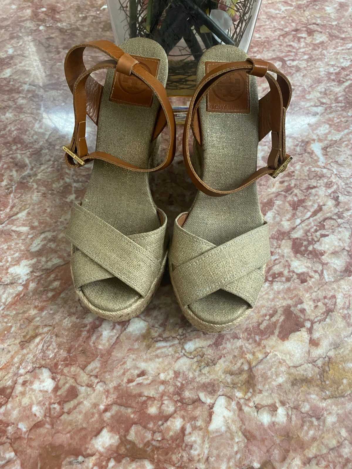 Tory Burch Fabien Espadrille Wedge G Leather Canvas Sandal Shoes Size 8B EUC!