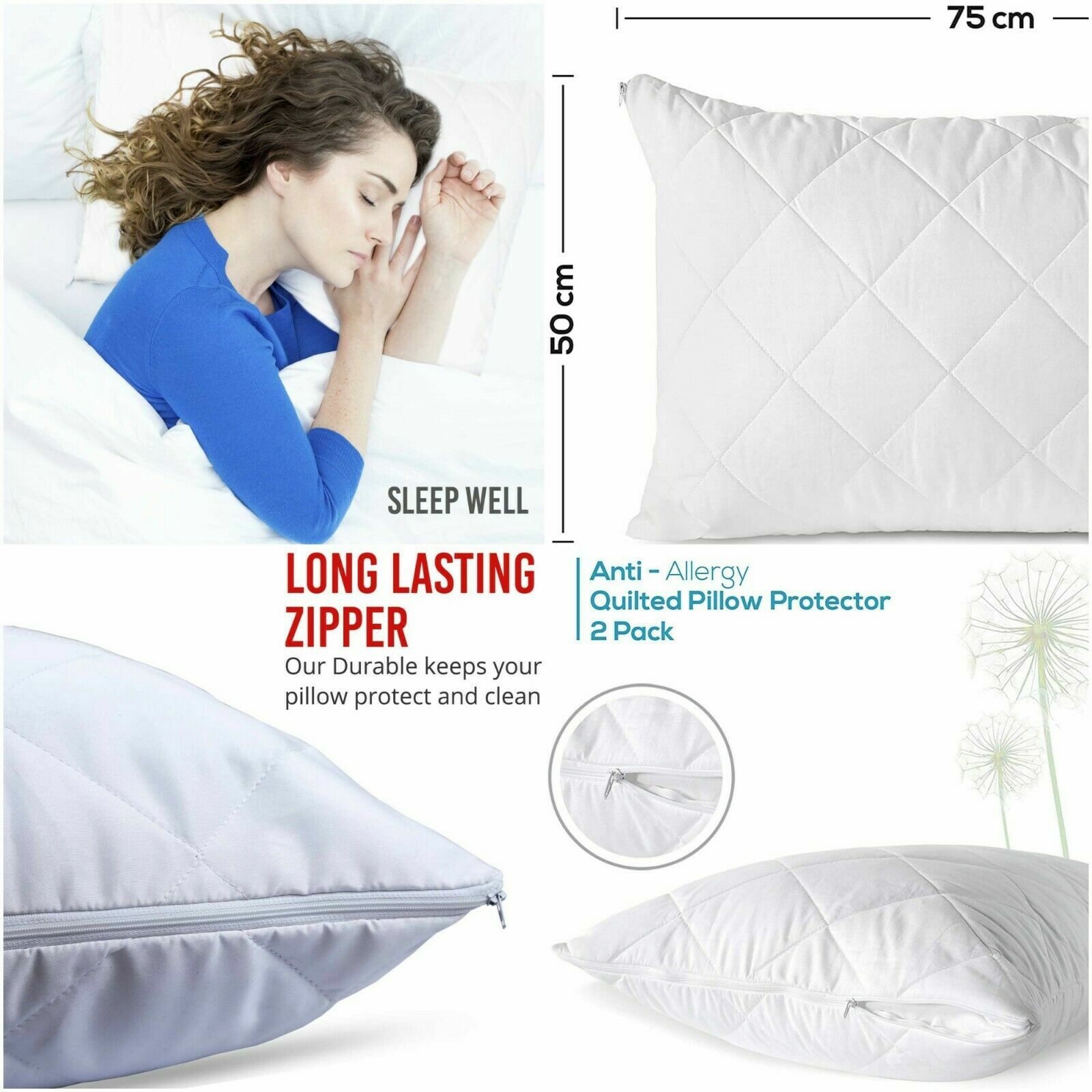 Quilted Waterproof Pillow Protectors Pair Zipped Pillows Covers Pack of