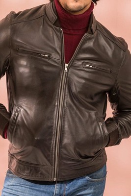 Men's brown 100% Genuine Leather jacket Soft and Slim Fit Biker , Multi pocketes