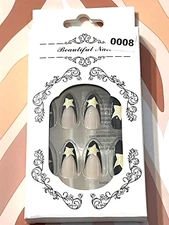 For Wonderful Nail Collection NUDE with BLACK FRENCH TIP & STAR DETAIL Press On