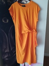 GRACIA Women Bright Orange Round Neck Tie Waist Stretch Cotton Midi Dress M YJ01