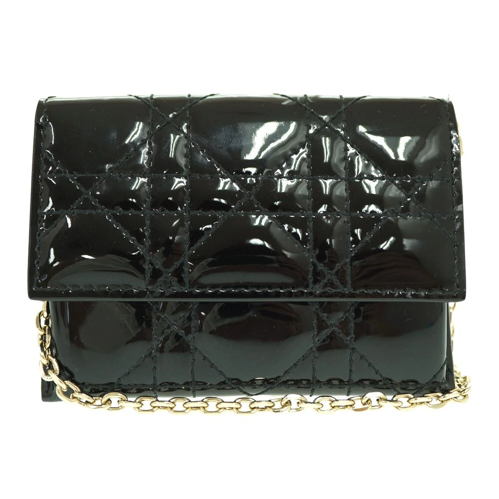 AUTHENTIQUE Chaîne Dior Card Case Monnaie Portefeuille Noir Cuir Breveté 1443