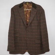 TED BAKER Brown Fuchsia Window Pane 100 Wool Sport Coat Velvet Elbow Collar 46R