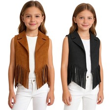Girls Vest Solid Color Cowgirl Costume Suede Western Cowboy Dress Up Open Front
