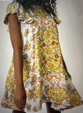 Free People Yara Floral Ivory Yellow Combo Flowy Flutter Sleeves Mini Dress S