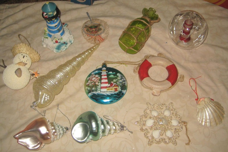 Vintage Coastal Christmas Ornament Lot - Nautical Lighthouse Seashell Beach Tree