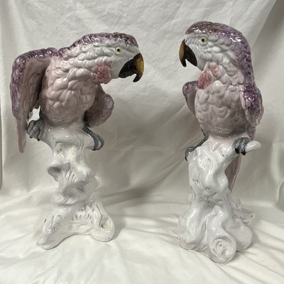 Pair Glossy Glazed Ceramic Parrot Bird Figurines White Purple Pink 14  Tall