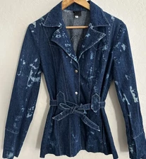 Anna Sui Blue Denim Jean Belted Jacket Blazer 4 S Vintage Luxury Chic 90s Y2K