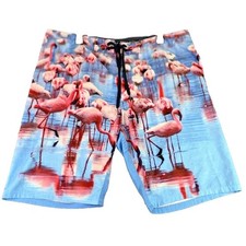 Old Navy Men's 38 Blue Pink Flamingo Hybrid Board Shorts Swim Tropical Boho Fun