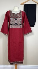 Ladies Cotton Kurta Trouser 2 PC Set  Mashru Yoke Red & Black  Size XL (42)