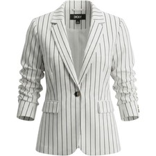 NWOT DKNY Womens White Black Pinstripe Ruched Sleeve Single Button Blazer Size 8