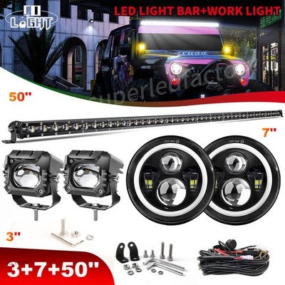50'' Strobe Led Light Bar 3'' Dual color Work Light Off Road Fog  +2x 7'' headlight