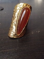 Vintage Bohemian Carnelian Statement Ring – Hammered Gold Tone Shield Ring