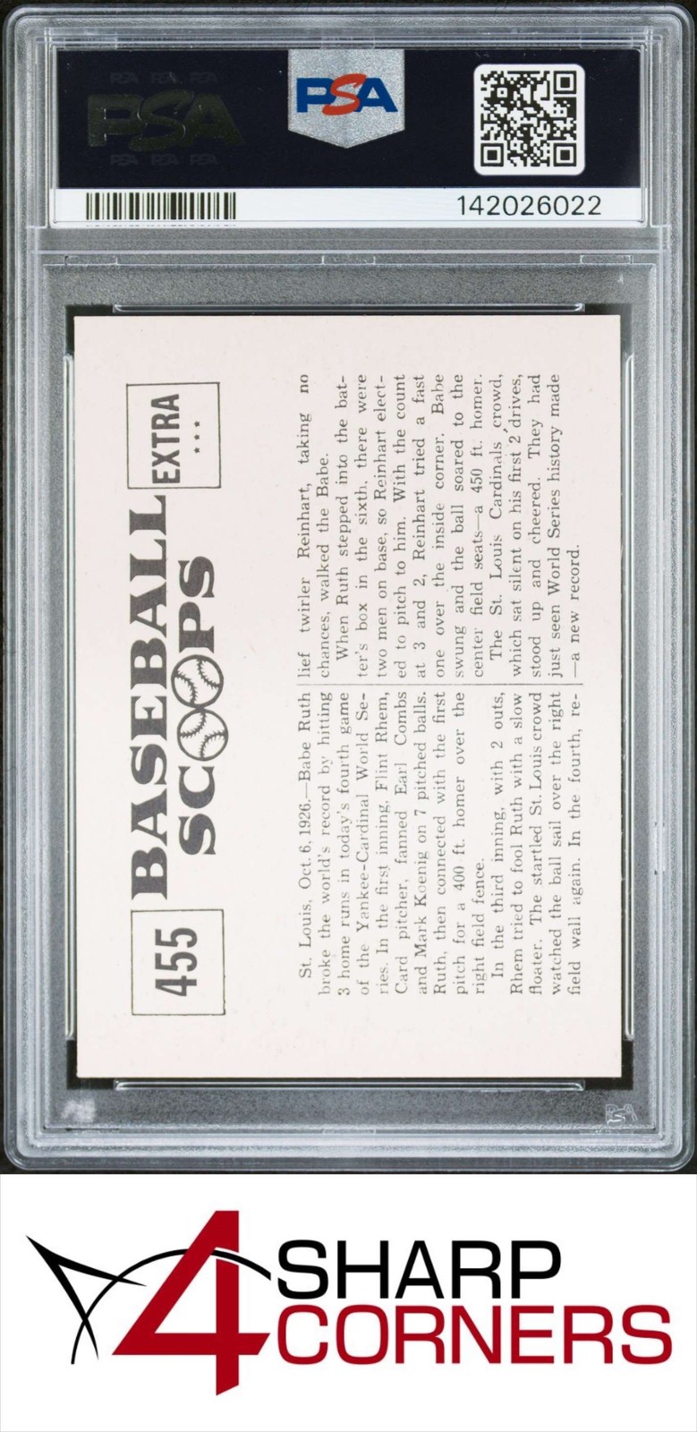 1961 NU-CARD SCOOPS #455 BABE RUTH HITS 3 HOMERS IN A SERIES GAME PSA 7 view 2