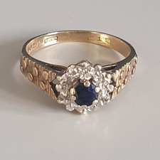 Vintage 1977 9ct Gold Sapphire&Diamond Cluster Ring–
